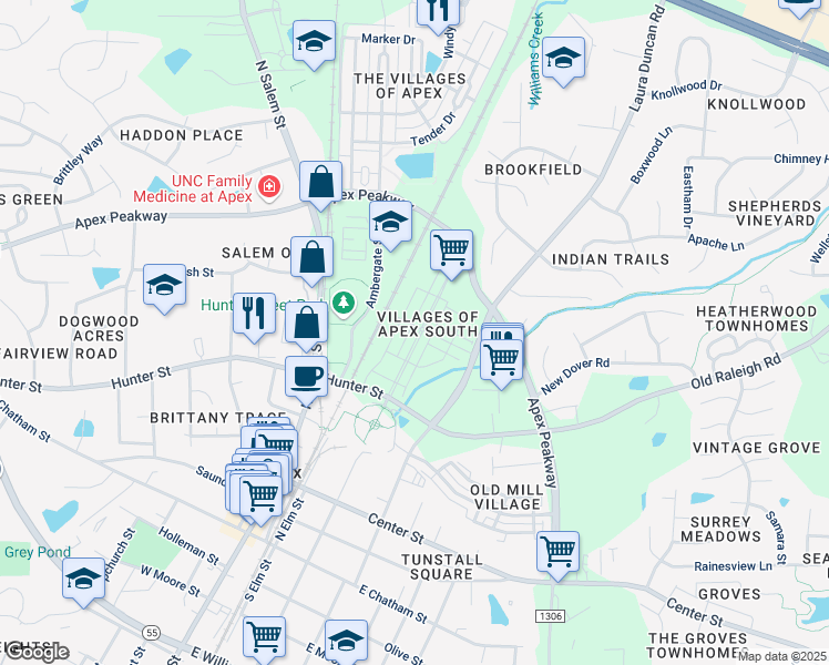 map of restaurants, bars, coffee shops, grocery stores, and more near 595 Grand Central Station in Apex
