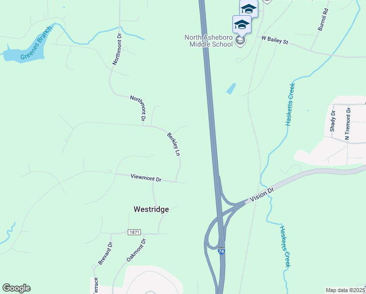 map of restaurants, bars, coffee shops, grocery stores, and more near 1892 Berkley Lane in Asheboro
