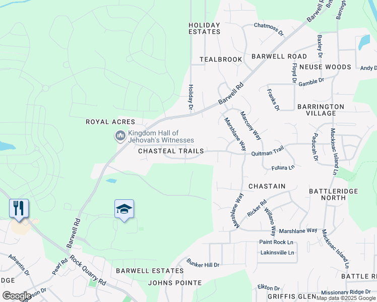 map of restaurants, bars, coffee shops, grocery stores, and more near 5200 Chasteal Trail in Raleigh