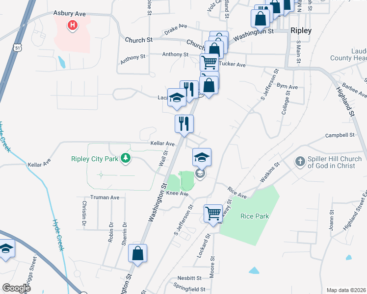 map of restaurants, bars, coffee shops, grocery stores, and more near 201 Orange Street in Ripley