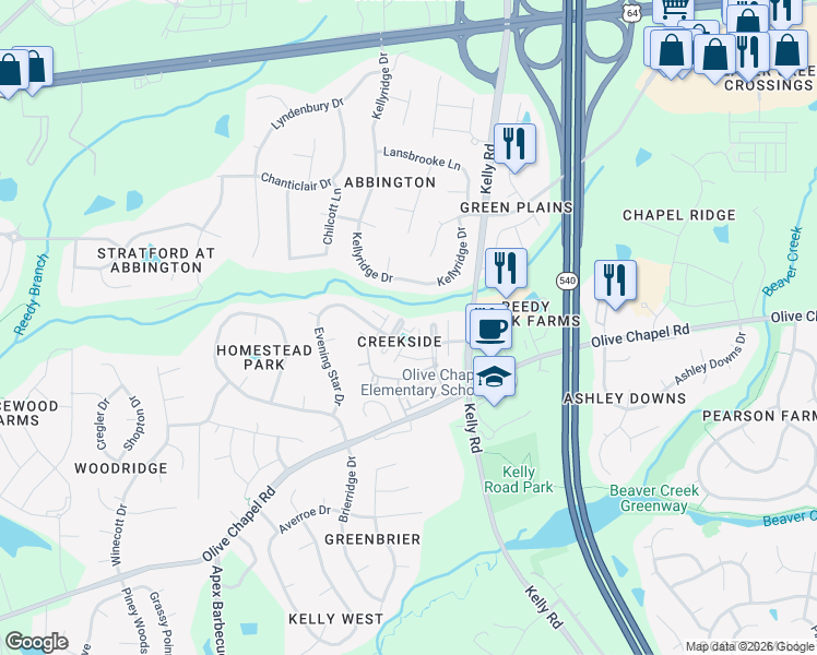 map of restaurants, bars, coffee shops, grocery stores, and more near 215 Windy Creek Lane in Apex