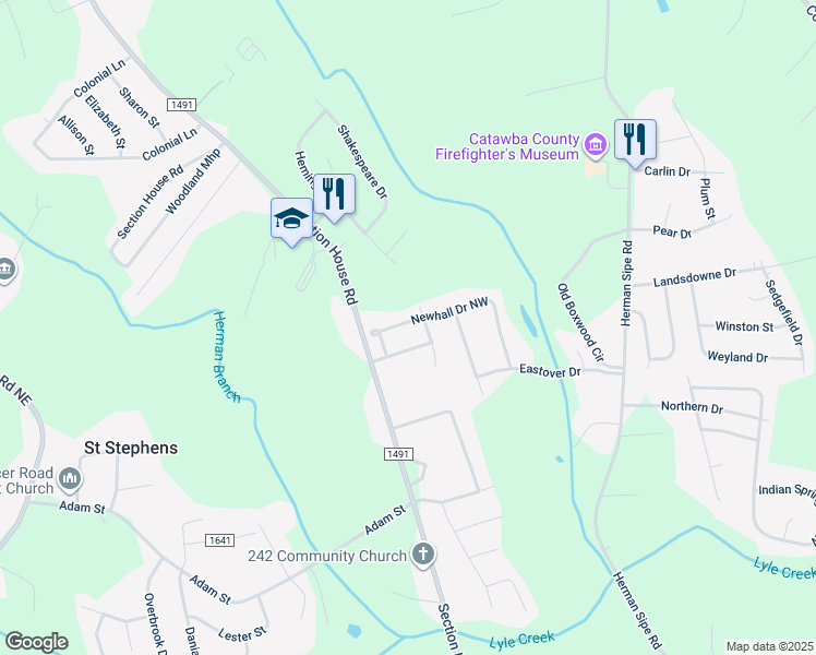 map of restaurants, bars, coffee shops, grocery stores, and more near 3922 Newhall Drive Northwest in Hickory