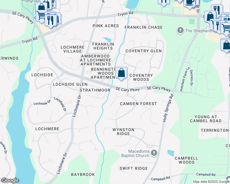 map of restaurants, bars, coffee shops, grocery stores, and more near 104 Greenway Overlook in Cary