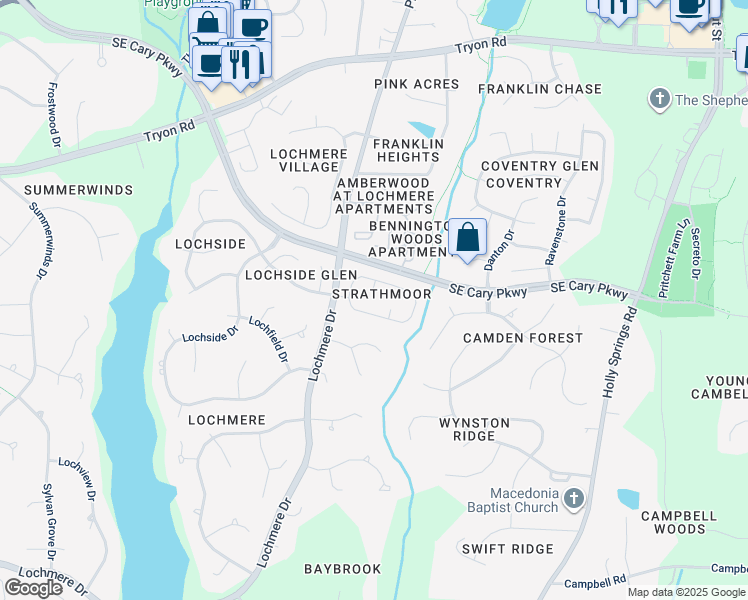 map of restaurants, bars, coffee shops, grocery stores, and more near 105 Colinsburgh Court in Cary