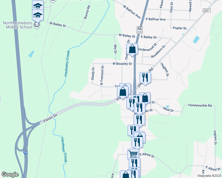 map of restaurants, bars, coffee shops, grocery stores, and more near 219 Tremont Drive in Asheboro
