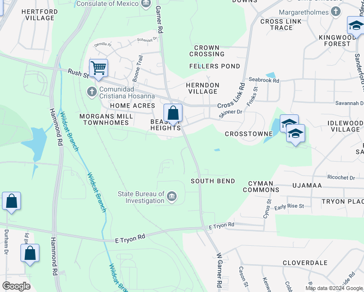 map of restaurants, bars, coffee shops, grocery stores, and more near 3130 Garner Road in Raleigh