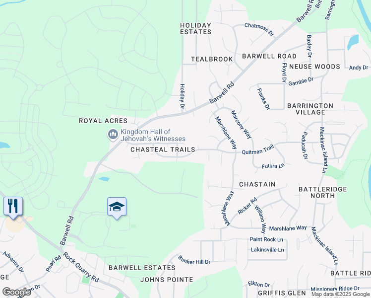 map of restaurants, bars, coffee shops, grocery stores, and more near 5200 Chasteal Trail in Raleigh