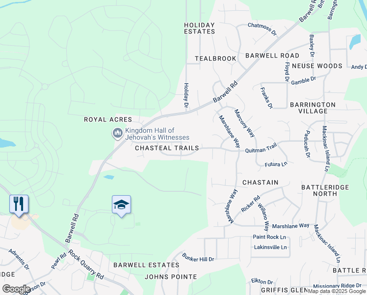 map of restaurants, bars, coffee shops, grocery stores, and more near 5200 Chasteal Trail in Raleigh