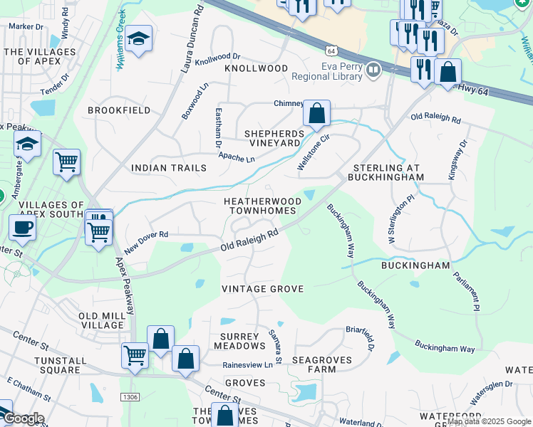 map of restaurants, bars, coffee shops, grocery stores, and more near 100 Halsmer Court in Apex