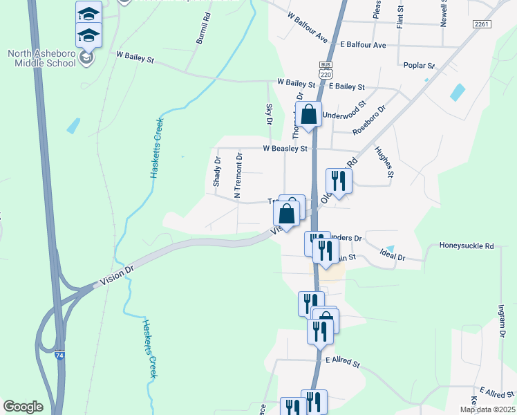 map of restaurants, bars, coffee shops, grocery stores, and more near 219 Tremont Drive in Asheboro