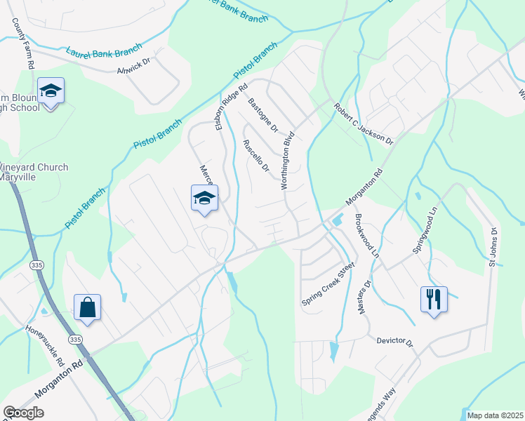 map of restaurants, bars, coffee shops, grocery stores, and more near 2425 Hallerins Court in Maryville