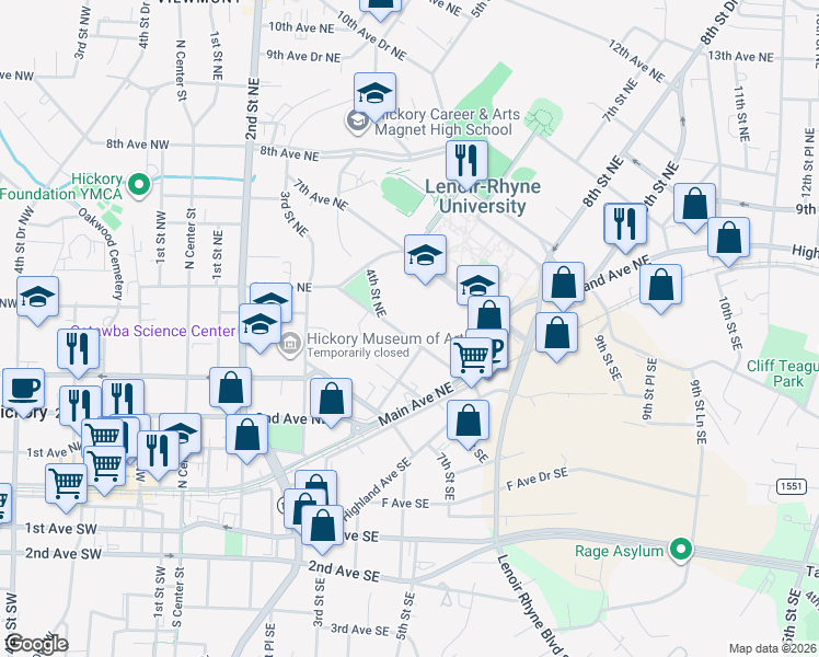map of restaurants, bars, coffee shops, grocery stores, and more near 621 5th Avenue Northeast in Hickory
