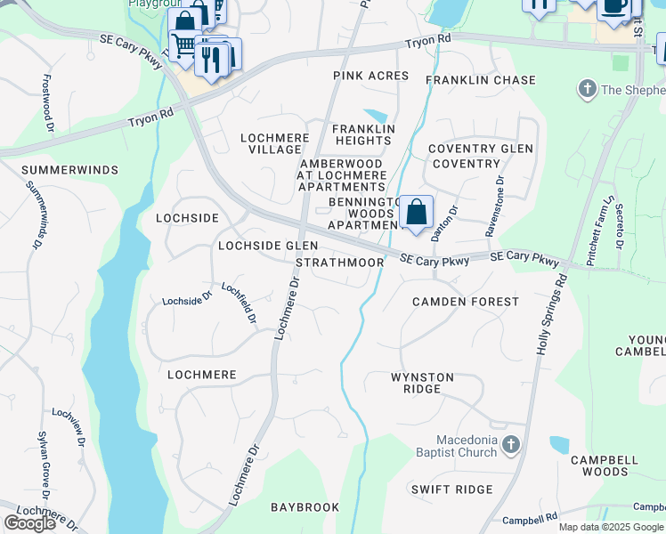 map of restaurants, bars, coffee shops, grocery stores, and more near 105 Colinsburgh Court in Cary