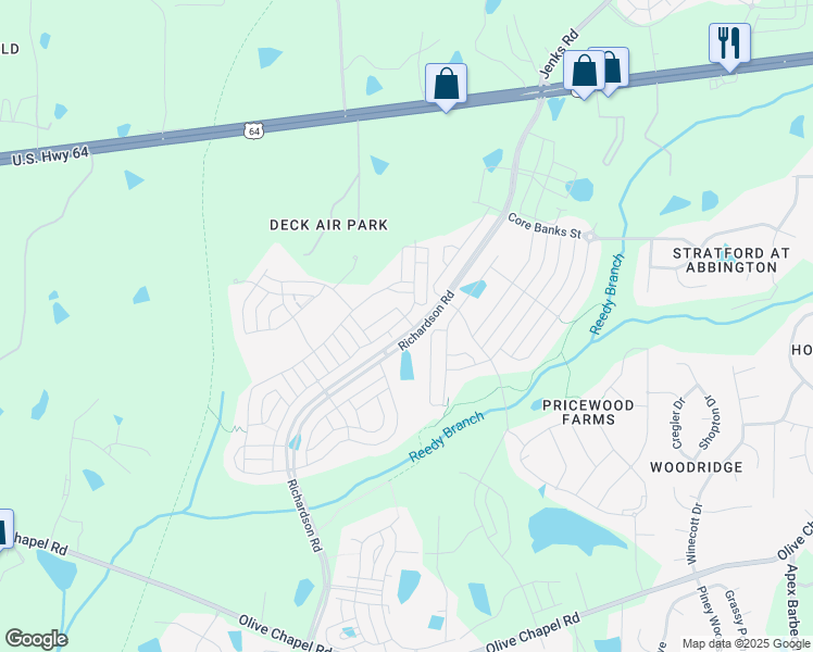 map of restaurants, bars, coffee shops, grocery stores, and more near 836 Air Park Drive in Apex