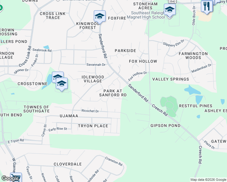 map of restaurants, bars, coffee shops, grocery stores, and more near 1601 Woodfox Court in Raleigh