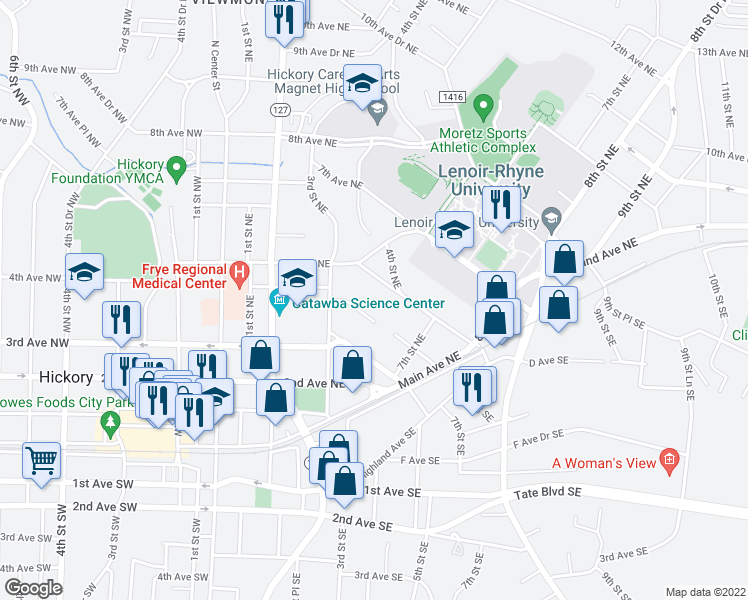 map of restaurants, bars, coffee shops, grocery stores, and more near 345 4th Avenue Northeast in Hickory