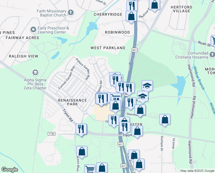 map of restaurants, bars, coffee shops, grocery stores, and more near 1121 Consortium Drive in Raleigh