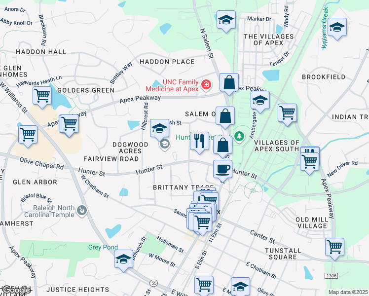 map of restaurants, bars, coffee shops, grocery stores, and more near 214 Fairdale Court in Apex