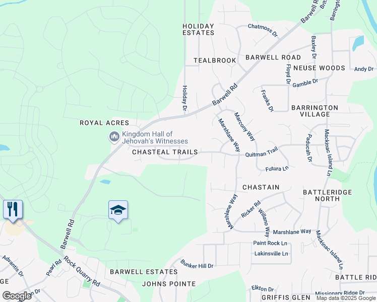 map of restaurants, bars, coffee shops, grocery stores, and more near 5200 Chasteal Trail in Raleigh