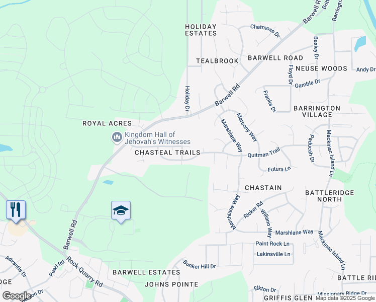 map of restaurants, bars, coffee shops, grocery stores, and more near 5208 Chasteal Trail in Raleigh