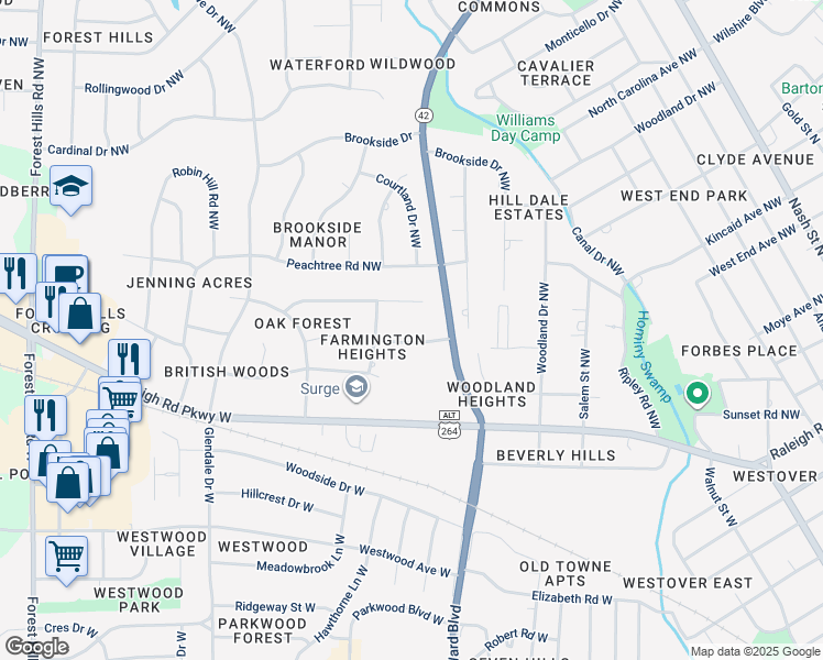 map of restaurants, bars, coffee shops, grocery stores, and more near 1106 Kensington Avenue Northwest in Wilson