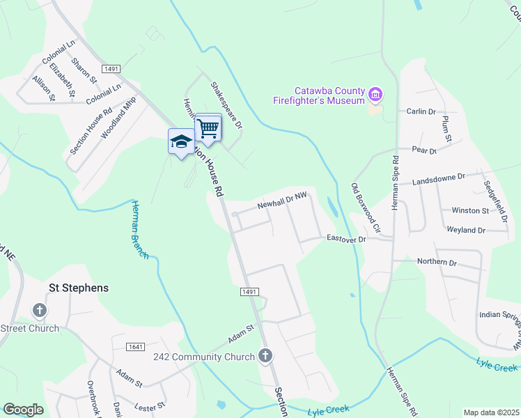 map of restaurants, bars, coffee shops, grocery stores, and more near 3927 Newhall Drive Northwest in Hickory
