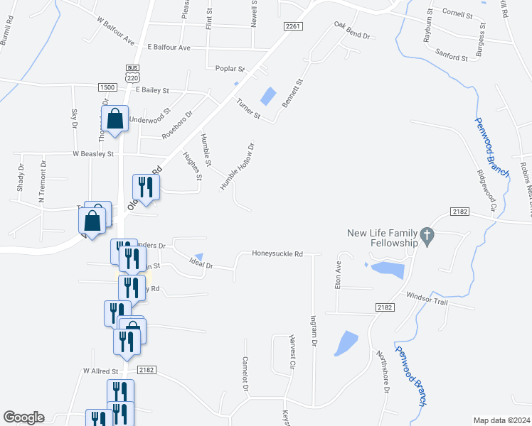 map of restaurants, bars, coffee shops, grocery stores, and more near 1507 Humble Street in Asheboro