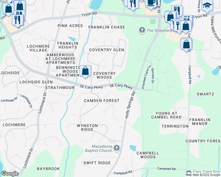 map of restaurants, bars, coffee shops, grocery stores, and more near 113 East Camden Forest Drive in Cary