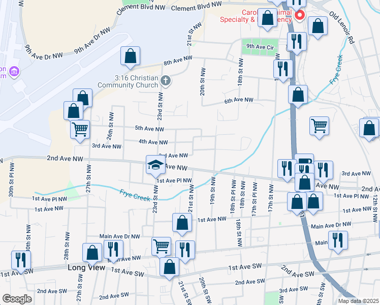 map of restaurants, bars, coffee shops, grocery stores, and more near 2110 3rd Avenue Northwest in Hickory