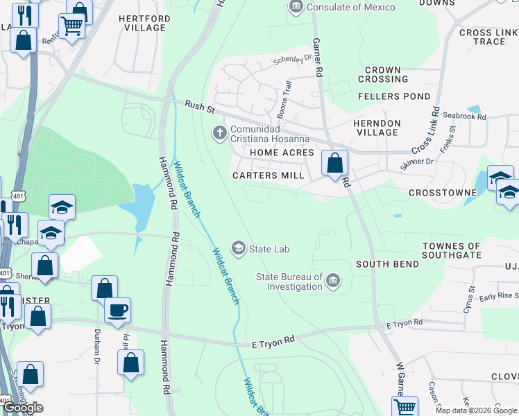 map of restaurants, bars, coffee shops, grocery stores, and more near 3124 Garner Road in Raleigh