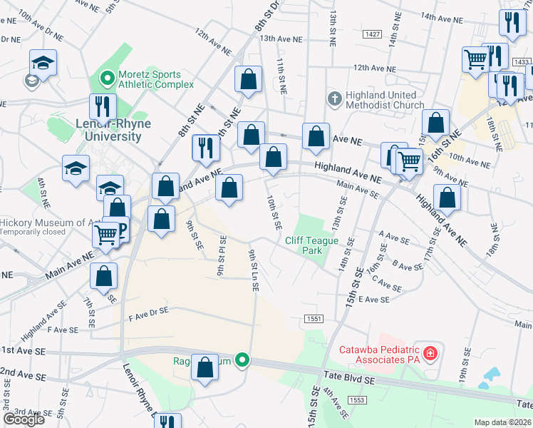 map of restaurants, bars, coffee shops, grocery stores, and more near 32 10th Street Southeast in Hickory