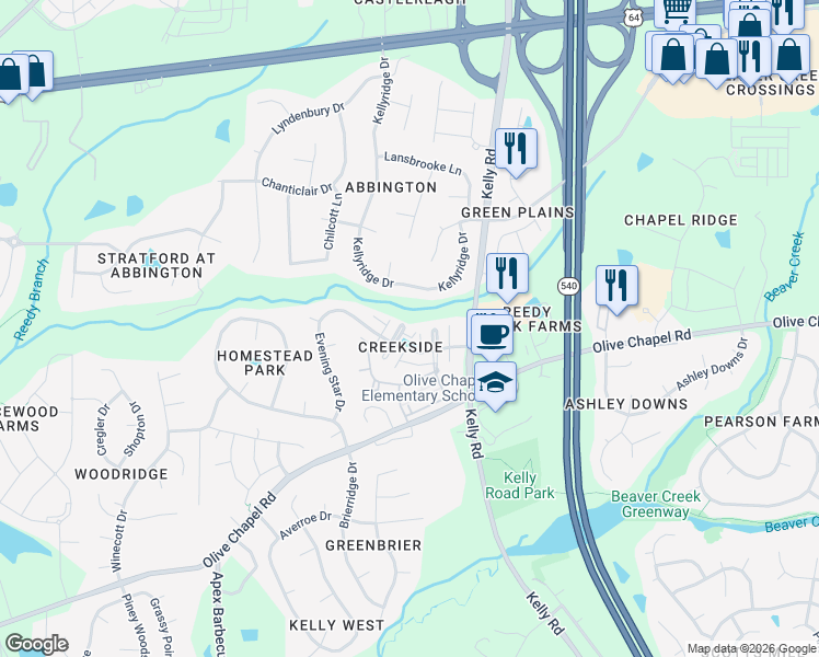 map of restaurants, bars, coffee shops, grocery stores, and more near 215 Windy Creek Lane in Apex