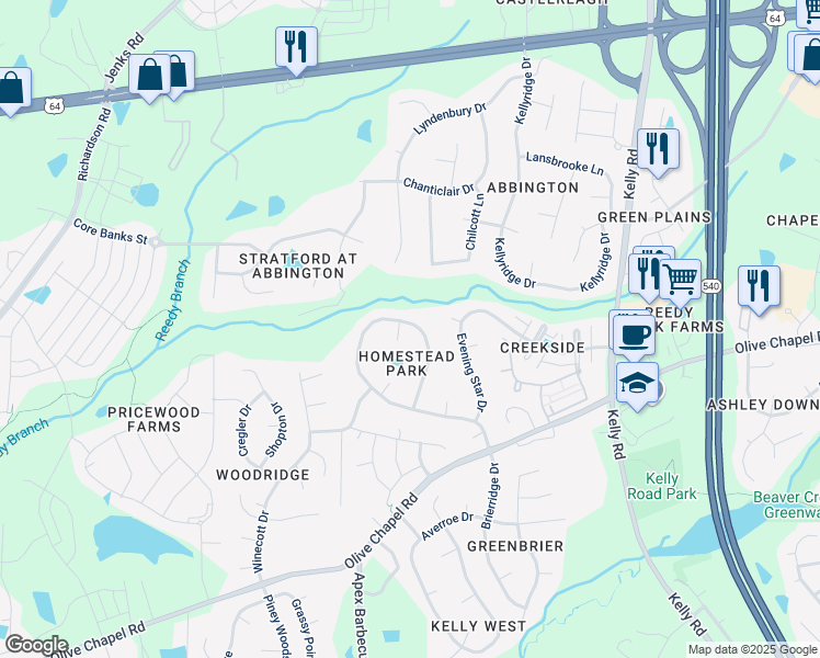 map of restaurants, bars, coffee shops, grocery stores, and more near 905 Homestead Park Drive in Apex