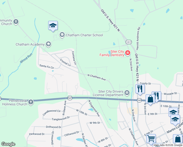 map of restaurants, bars, coffee shops, grocery stores, and more near 1807 Westmont Drive in Siler City