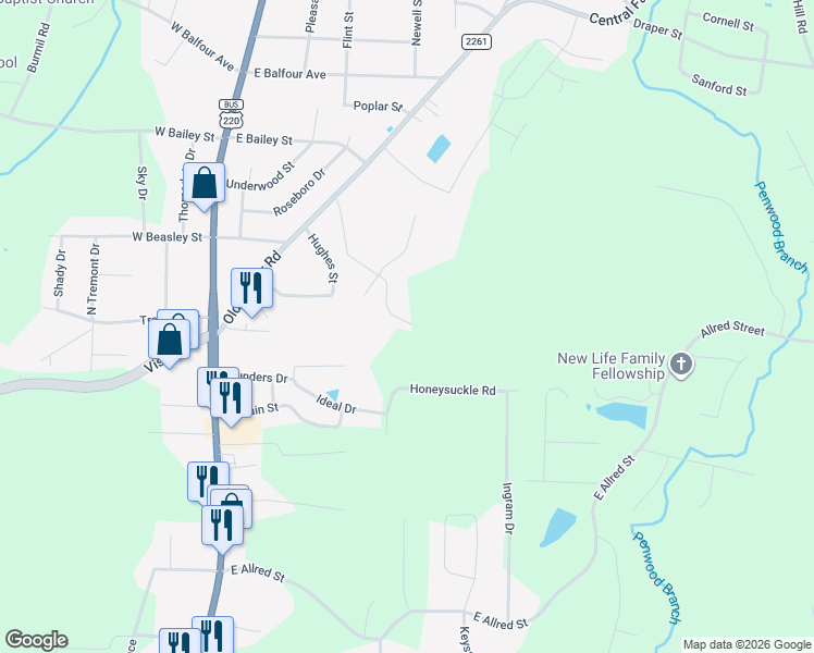 map of restaurants, bars, coffee shops, grocery stores, and more near 1507 Humble Street in Asheboro