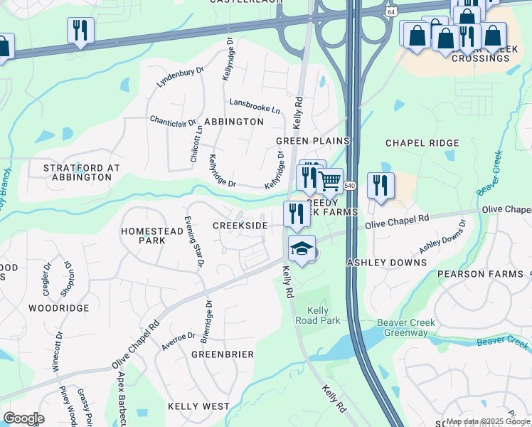 map of restaurants, bars, coffee shops, grocery stores, and more near 5015 Sunny Creek Lane in Apex