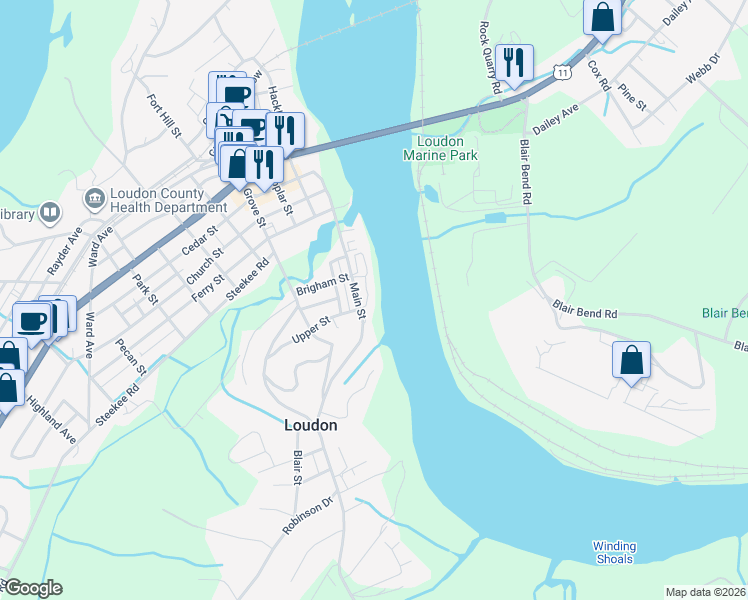 map of restaurants, bars, coffee shops, grocery stores, and more near 1101 Main Street in Loudon