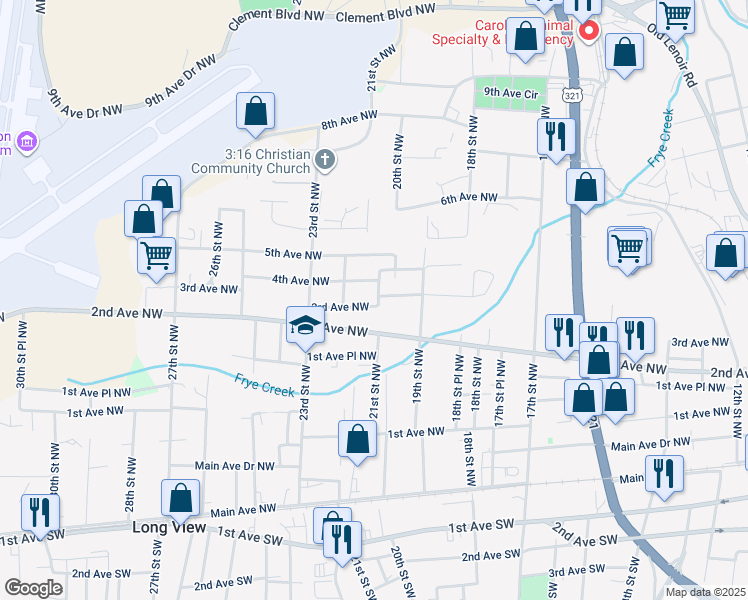 map of restaurants, bars, coffee shops, grocery stores, and more near 2110 3rd Avenue Northwest in Hickory