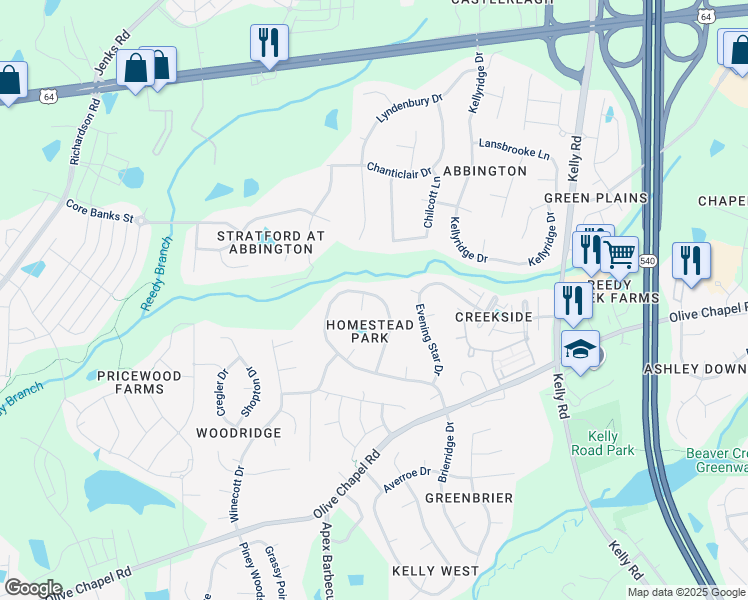 map of restaurants, bars, coffee shops, grocery stores, and more near 905 Homestead Park Drive in Apex