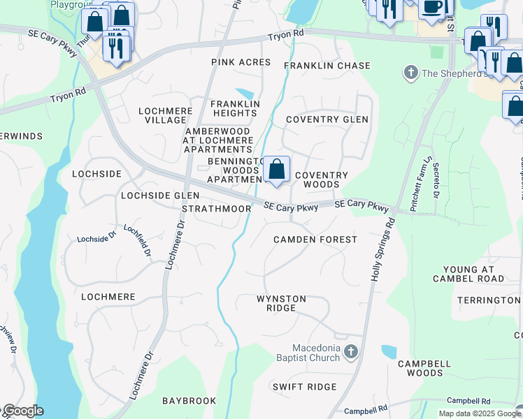 map of restaurants, bars, coffee shops, grocery stores, and more near 104 Greenway Overlook in Cary