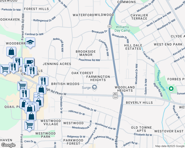map of restaurants, bars, coffee shops, grocery stores, and more near 1202 Essex Cir NW in Wilson