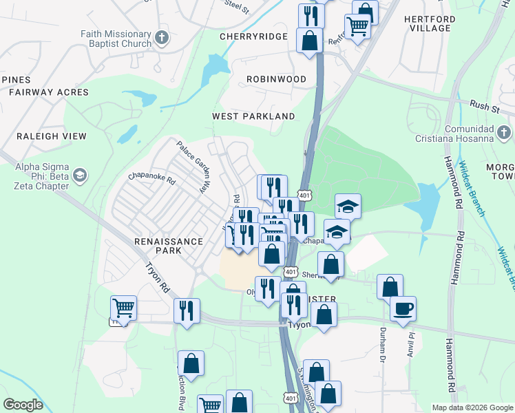 map of restaurants, bars, coffee shops, grocery stores, and more near 1120 Renewal Place in Raleigh
