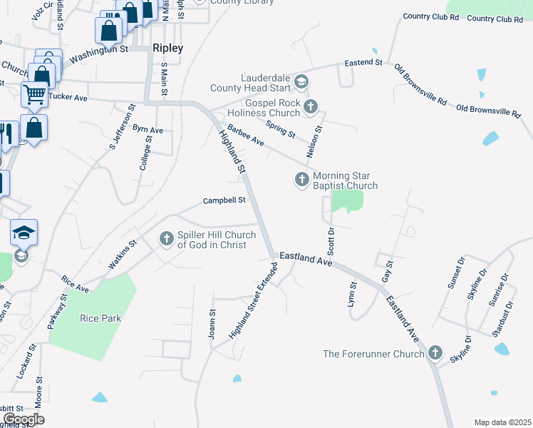 map of restaurants, bars, coffee shops, grocery stores, and more near 215 Highland Street in Ripley