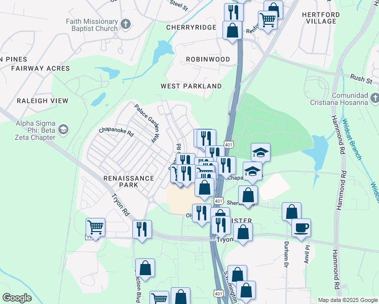 map of restaurants, bars, coffee shops, grocery stores, and more near 1121 Consortium Drive in Raleigh