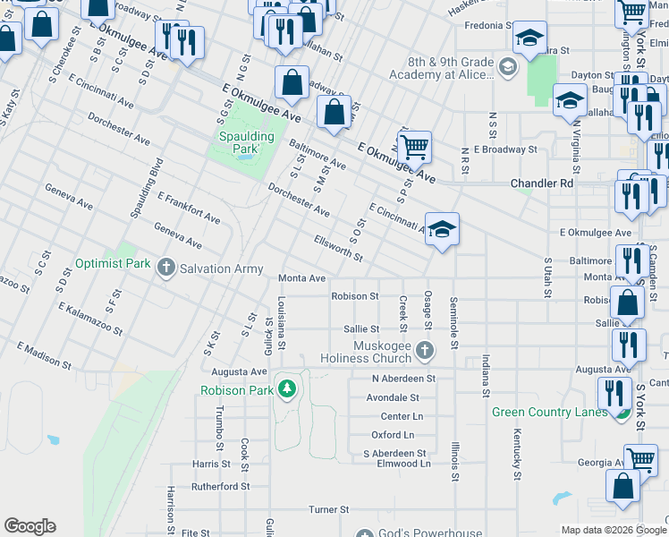 map of restaurants, bars, coffee shops, grocery stores, and more near 1420 Frankfort Street in Muskogee