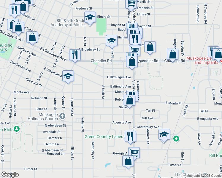 map of restaurants, bars, coffee shops, grocery stores, and more near 2211 Baltimore Avenue in Muskogee