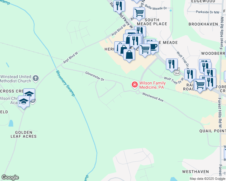 map of restaurants, bars, coffee shops, grocery stores, and more near 2406 Westwood Avenue West in Wilson