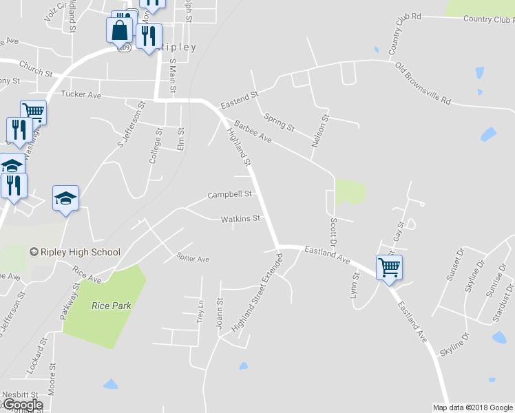 map of restaurants, bars, coffee shops, grocery stores, and more near 214 Highland Street in Ripley