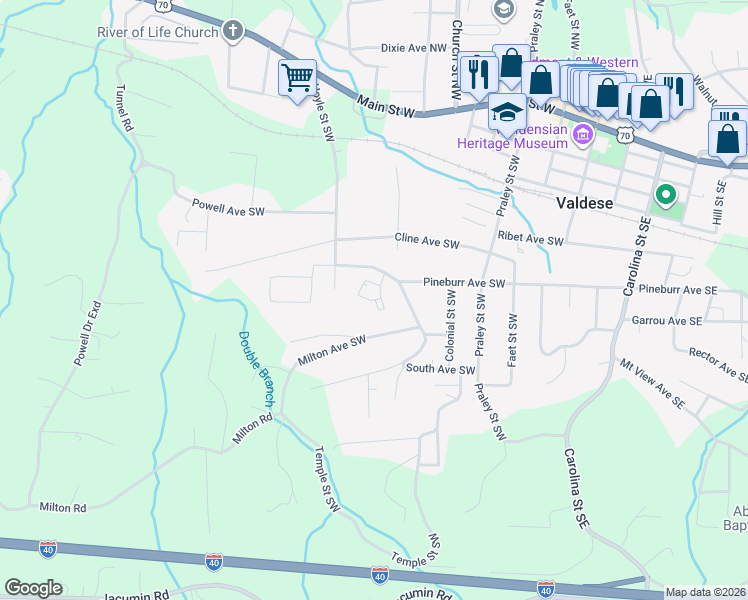 map of restaurants, bars, coffee shops, grocery stores, and more near 808 Orchard Street Southwest in Valdese