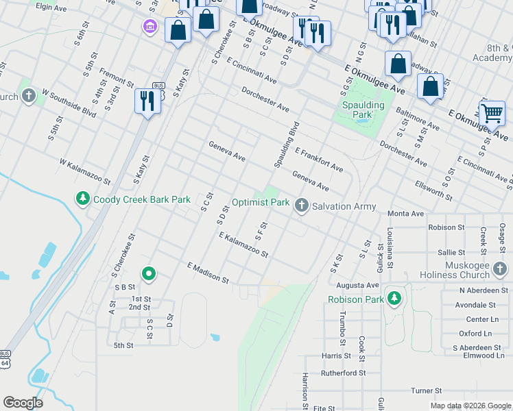 map of restaurants, bars, coffee shops, grocery stores, and more near 502 Independence Avenue in Muskogee